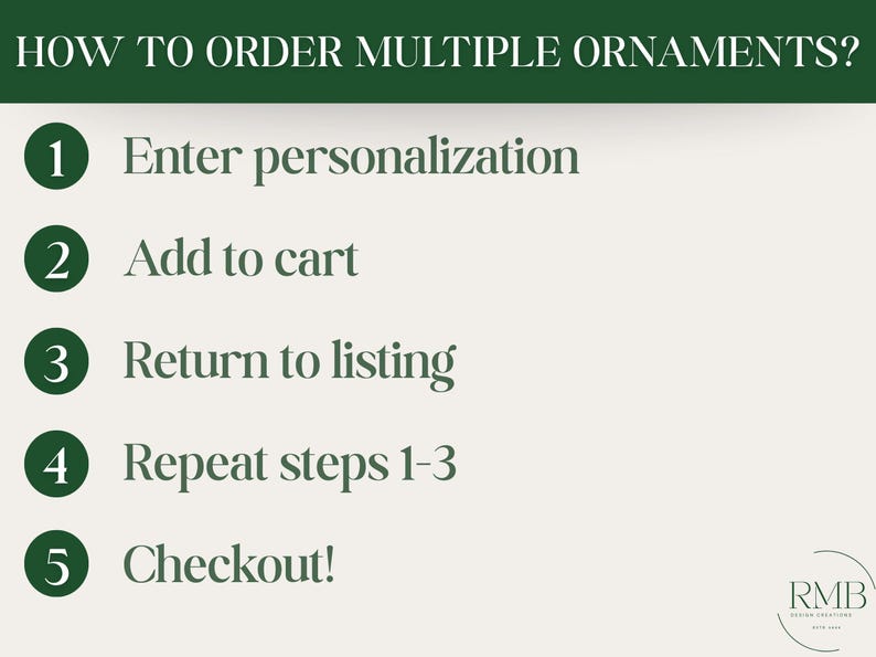 May include: A graphic with instructions on how to order multiple ornaments. The text reads: Enter personalization, Add to cart, Return to listing, Repeat steps 1-3, and Checkout!