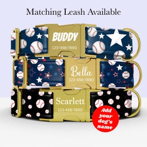 May include: Three dog collars with gold-tone buckles, featuring baseball and star patterns in navy blue and black. Each buckle is engraved with a name and phone number, including Buddy, Bella, and Scarlett. Text reads Matching Leash Available.