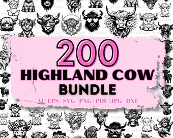Może przedstawiać: Grafika w kolorze różowym i białym z tekstem "200 HIGHLAND COW BUNDLE" i tekstem "AI EPS SVG PNG PDF JPG DXF" w kolorze czarnym. Grafika zawiera kolekcję czarno-białych ilustracji krów szkockich w różnych pozach i z różnymi dodatkami.