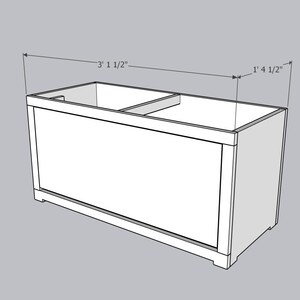 May include: A white rectangular cabinet with dimensions labeled as 3' 1 1/2" wide and 1' 4 1/2" high. The cabinet has a divided interior and a simple, modern design, suitable for storage or display.