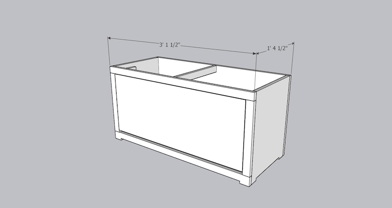 May include: A white rectangular cabinet with dimensions labeled as 3' 1 1/2" wide and 1' 4 1/2" high. The cabinet has a divided interior and a simple, modern design, suitable for storage or display.