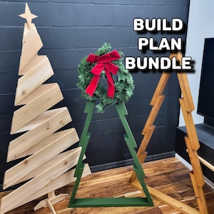 May include: Wooden Christmas tree and wreath decorations. The tree is made of light-coloured wood with a star on top. A green wreath with a red bow is displayed on a green wooden tree-shaped frame. The text "BUILD PLAN BUNDLE" is in the image.