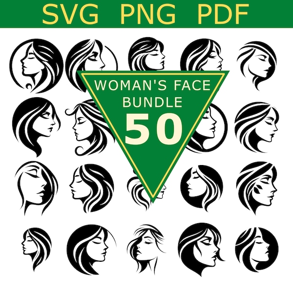 Set of 50 Women's Faces in Profile Logo Set in SVG PNG PDF Format| woman's face svg | girls design t-shirt | digital download | woman svg