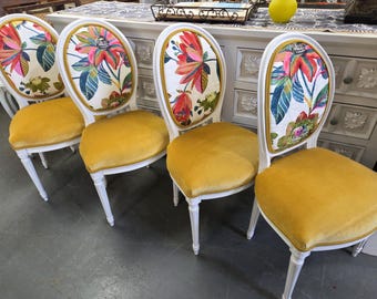 Set of 4 vintage picture back dining chairs, marigold, floral bold designs