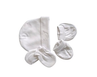 Set de naissance Bonnet ,Moufles, Chaussons Personnalisé Filles/Garçons