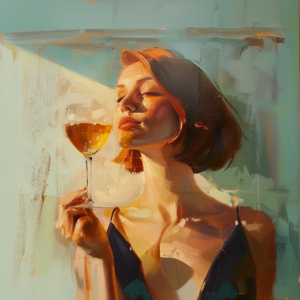 Female and Wine Cup Oil Painting - Matte Canvas Young Girl Bar Paint Drinking Business Bar Spirits Taste Print Design Cocktails Beverage