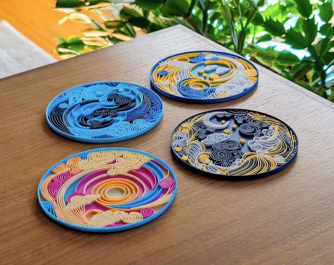Colorful seasonal drink coaster set - Spring, Summer, Fall, and Winter skies