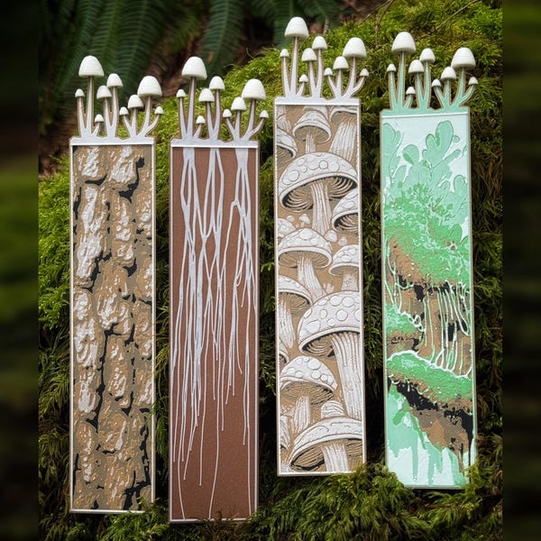 Mushmarks - Cute mushroom bookmarks sprouting from your book with mycelium, bark, moss, and shroomy art