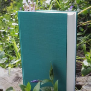 a cute mother's day gift for those readers in your life! Sunlight illuminates a book, casting a soft glow and highlighting the details of the mushroom bookmark sticking out of the top of the book.