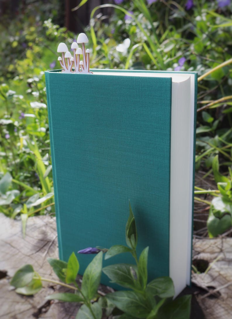 a cute mother's day gift for those readers in your life! Sunlight illuminates a book, casting a soft glow and highlighting the details of the mushroom bookmark sticking out of the top of the book.