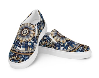 Nautical Slip-on Canvas Shoes: Golden Anchor, Striped  display picture 1