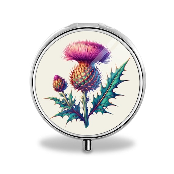 Scottish Thistle PORTABLE PILL BOX, Botanical Design Mini Cute Pill Case For Purse, Pocket, Traveling, Easy To Carry Travel Accessory