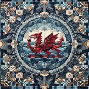 May include: Decorative tile featuring a red dragon with outstretched wings, set against a blue and white water and sky background. The dragon is the central focus, surrounded by ornate floral and geometric patterns in shades of blue, white, and tan.