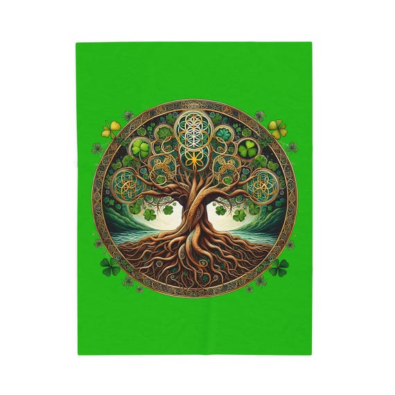 Irish Shamrock Tree of Life Velveteen Plush Blanket