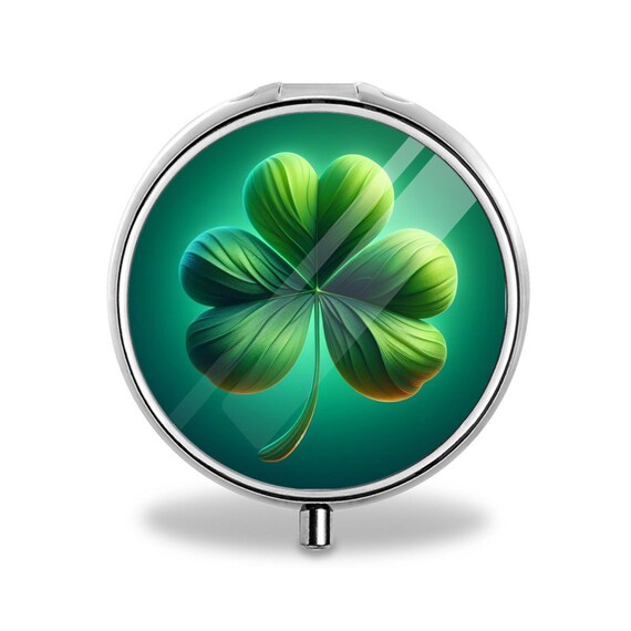 Four Leaf Clover Irish MINI PILL BOX, Cute Mini Portable Stainless Steel Pill Case For Pocket, Purse, Traveling, Shamrock Pill Organizer