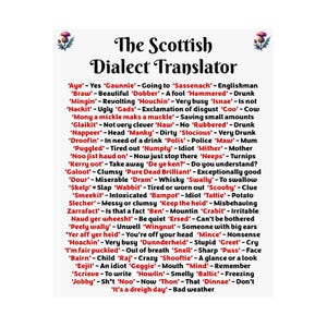 Può includere: Un grafico colorato con un disegno di cardo scozzese in alto e in basso. Il grafico elenca parole scozzesi e le loro traduzioni in inglese. Le parole sono scritte in testo nero su sfondo bianco.