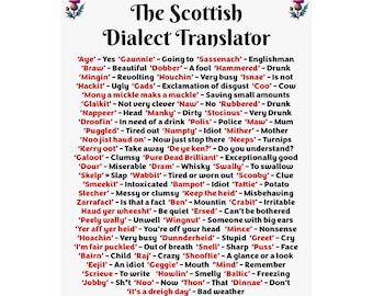 Puede incluir: Un gráfico colorido con un diseño de cardo escocés en la parte superior e inferior. El gráfico enumera palabras escocesas y sus traducciones al inglés. Las palabras están escritas en texto negro sobre un fondo blanco.