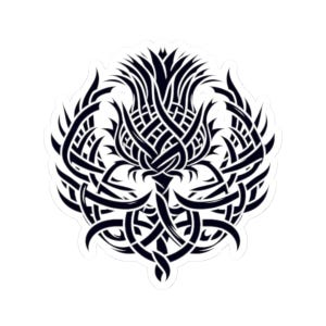 Könnte beinhalten: Schwarzweißes Tribal-Design einer Distelblüte. Das Design ist kompliziert und detailliert, mit einem keltischen Knotenmuster.
