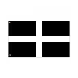 May include: A black flag with a white cross, representing the flag of Cornwall. The flag has a simple design with a white cross centered on a black background. The flag has grommets for hanging.