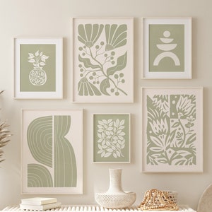 Sage Green Wall Art Set of 6, Botanical Print Set, Boho Botanical Set, Gallery Wall Prints, Sage Green Print Set, Green Gallery Wall Set