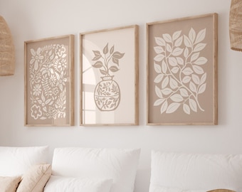 Botánico abstracto beige, conjunto de 3 grabados, moderno de mediados de siglo, arte minimalista, descarga digital, arte de pared imprimible boho, arte de pared de 3 piezas