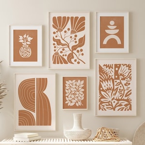 Ensemble de 6 oeuvres d'art mural orange brûlé, ensemble botanique abstrait, art mural bohème, milieu du siècle moderne, estampes en terre cuite, botanique minimale, art végétal