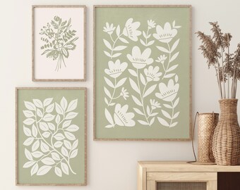 Conjunto de arte de pared verde salvia de 3, conjunto de impresión botánica, arte de pared de 3 piezas, impresiones de pared de galería, conjunto de impresión verde salvia, conjunto de pared de galería verde