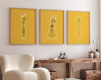 Conjunto de arte de línea de flores de 3 impresiones, impresiones de flores minimalistas, arte de pared de 3 piezas, impresión digital, impresiones de arte floral, impresiones de pared de galería