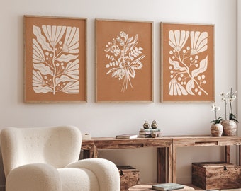 Conjunto de arte de pared naranja quemado de 3, impresiones botánicas abstractas, minimalista orgánico, descarga digital, arte de pared imprimible boho, arte de pared de 3 piezas