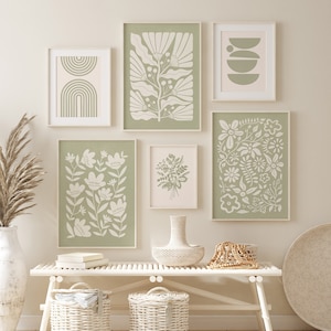 Sage Green Wall Art Set of 6, Botanical Print Set, Boho Botanical Set, 6 Piece Wall Art, Sage Green Print Set, Green Gallery Wall Set