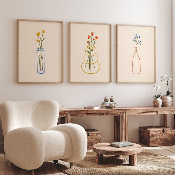 Flower Line Art Set Of 3 Prints, Minimalist Flower Prints, 3 Piece Wall Art, Digital Print, Floral Art Prints, Gallery Wall Prints