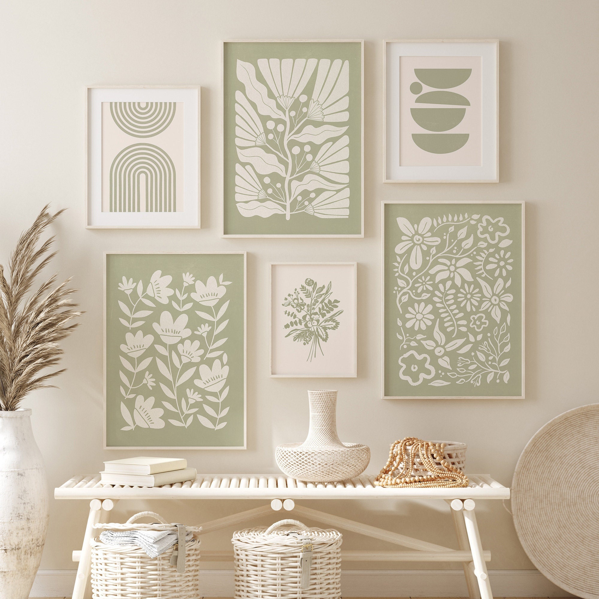 Sage Green Wall Art Set of 6, Botanical Print Set, Boho Botanical Set ...