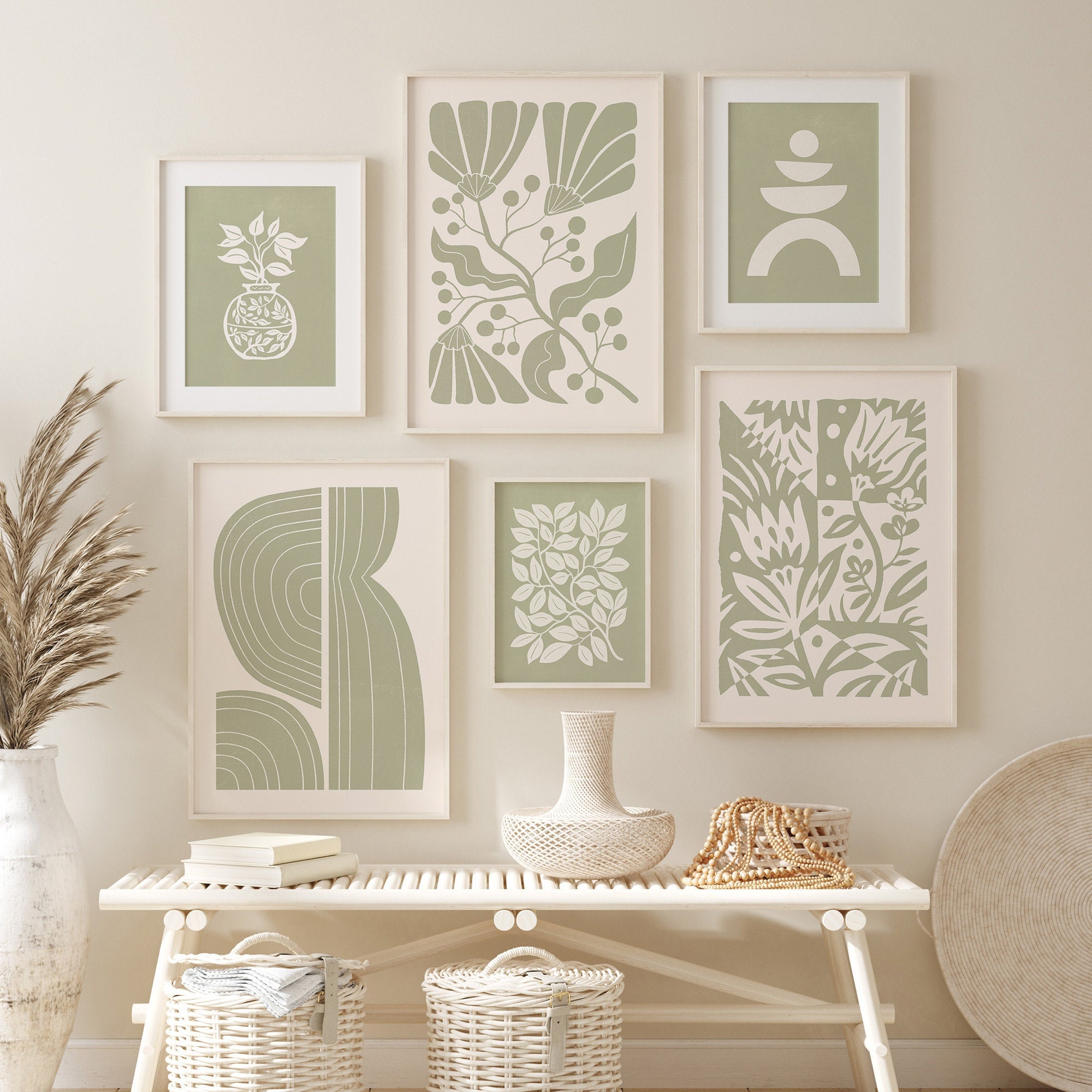 Sage Green Wall Art Set of 6, Botanical Print Set, Boho Botanical Set ...