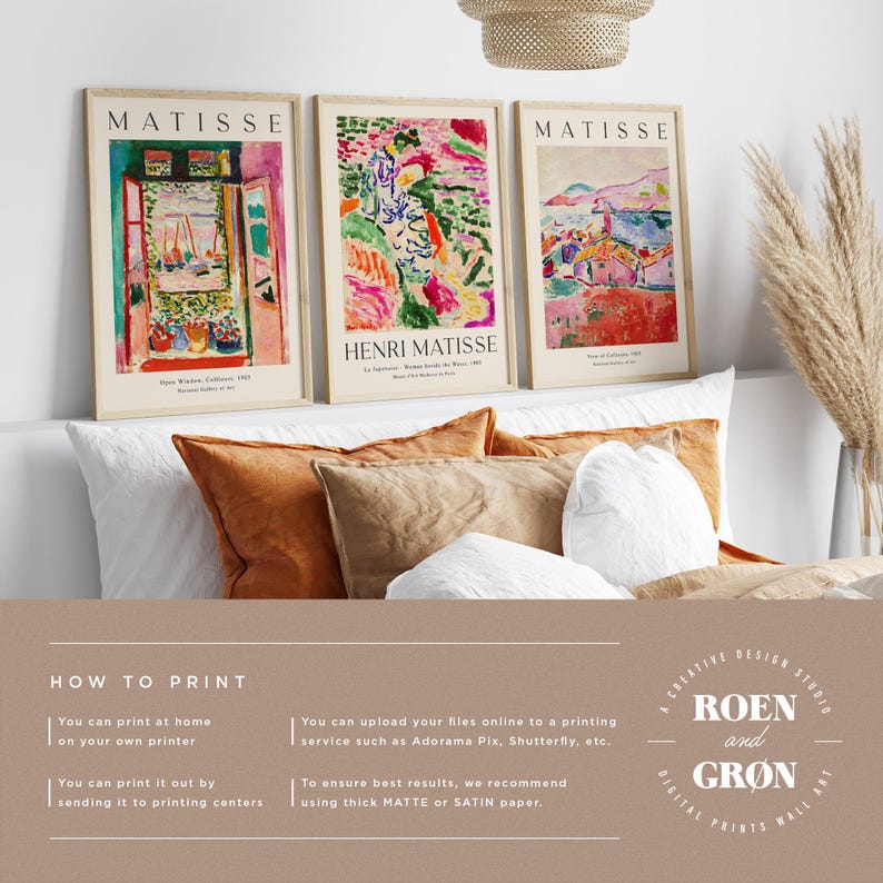 May include: Three framed art prints featuring colorful abstract paintings by Henri Matisse. The prints are titled "Open Window, Collioure 1914", "Henri Matisse", and "House of Collioure 1914".