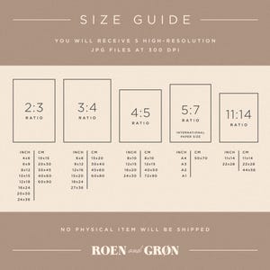 May include: A size guide for digital printable art prints. The guide shows five different aspect ratios: 2:3, 3:4, 4:5, 5:7, and 11:14. Each ratio is shown with corresponding inch and centimeter measurements. The guide also includes international paper sizes: A4, A3, A2, and A1.