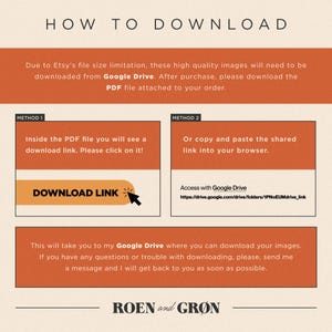 May include: A graphic with instructions on how to download high quality images from Google Drive. The instructions include two methods: clicking on a download link inside a PDF file or copying and pasting a shared link into a web browser. The graphic also includes the text "ROEN and GR&Oslash;N".