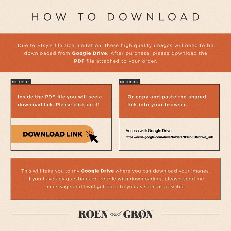 May include: A graphic with instructions on how to download high quality images from Google Drive. The instructions include two methods: clicking on a download link inside a PDF file or copying and pasting a shared link into a web browser. The graphic also includes the text "ROEN and GR&Oslash;N".