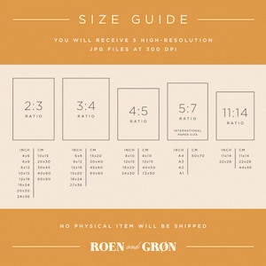 Puede incluir: Una gu&iacute;a de tallas para impresiones de arte digitales imprimibles. La gu&iacute;a muestra cinco relaciones de aspecto diferentes: 2:3, 3:4, 4:5, 5:7 y 11:14. Cada relaci&oacute;n se enumera con las medidas correspondientes en pulgadas y cent&iacute;metros. La gu&iacute;a tambi&eacute;n incluye tama&ntilde;os de papel internacionales: A4, A3, A2 y A1.