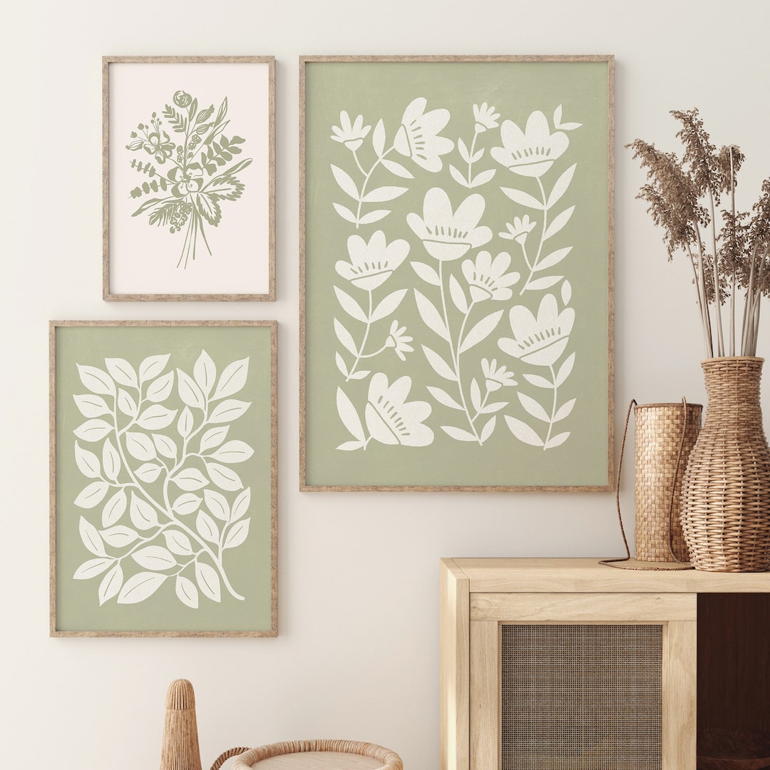 Sage Green Wall Art Set of 3, Botanical Print Set, 3 Piece Wall Art ...