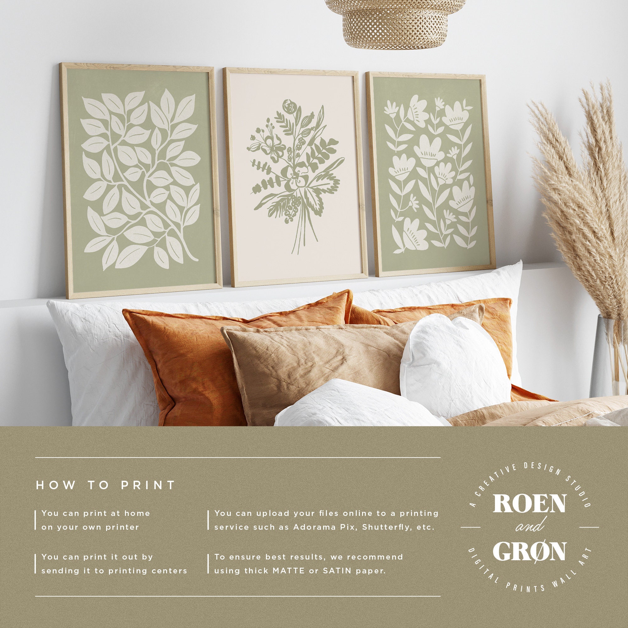Sage Green Wall Art Set of 3, Botanical Print Set, 3 Piece Wall Art ...