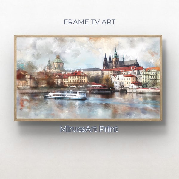 Prague River Reverie: Realistic Landscapes and Expressionist Imagery in Vintage-Inspired Watercolor Print | Digital Frame TV Art