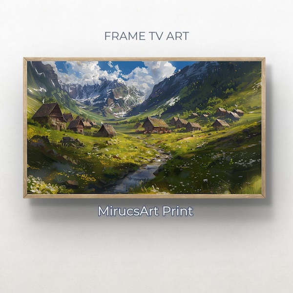 Alpine Serenity: A Digital Painting of a Quaint Village in the Heart of Nature's Majesty | Digital Frame TV Art