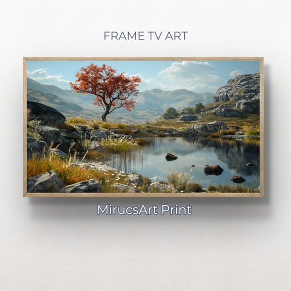 Autumn Tranquility: A Tree by the Alpine Lake | Digital Frame TV Art
