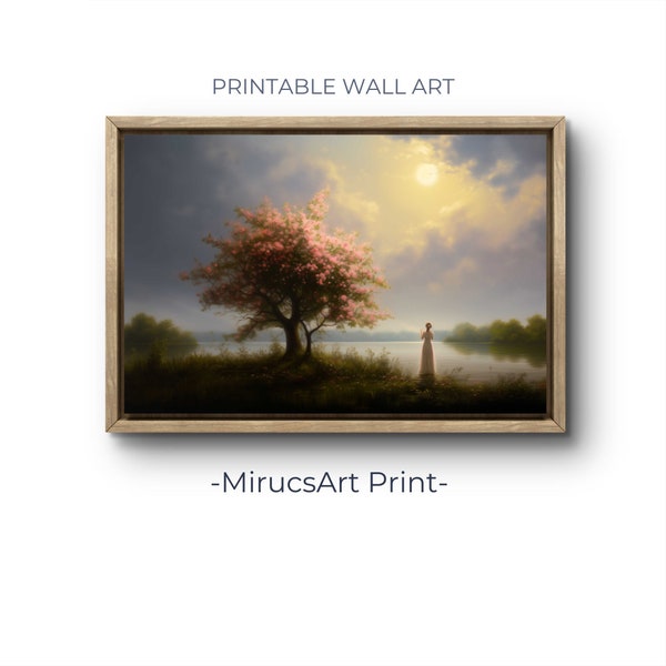 Tranquil Romance: A Digital Impressionist Painting of a Woman under a Pink Tree by the Lake | Digital Art Download