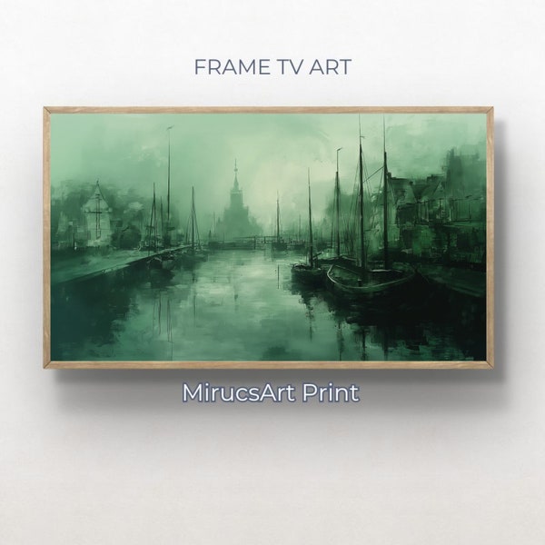 Misty Harbor: A Fantasy Concept Art Depicting Dutch Ships with Subtle Painterly Brushwork | Digital Frame TV Art