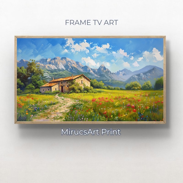 Spring Serenity: Old Stone House Amidst Wildflowers and Majestic Mountains | Digital Frame TV Art