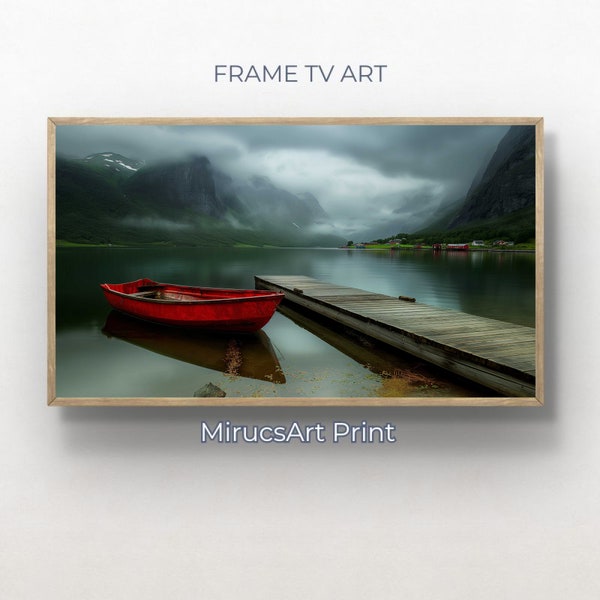 Tranquil Reflections: A Red Rowboat on a Misty Norwegian Lake, Captured in Realism Photography | Digital Frame TV Art