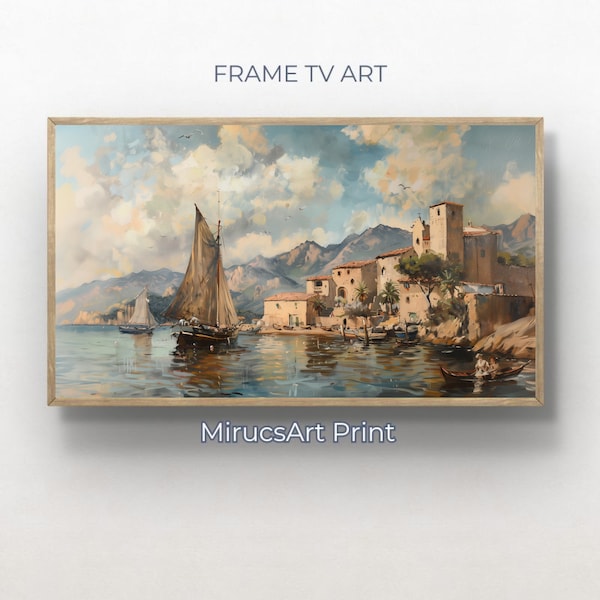 Oceanic Village Charms: Vintage Imagery and Captivating Harbor Views in Tranquil Mediterranean Landscapes | Digital Frame TV Art