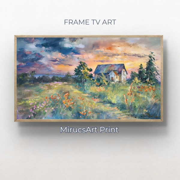 Fields of Dreams: An Expressive Oil Painting Capturing a House Amid Flower Fields in Subtle Tones | Digital Frame TV Art