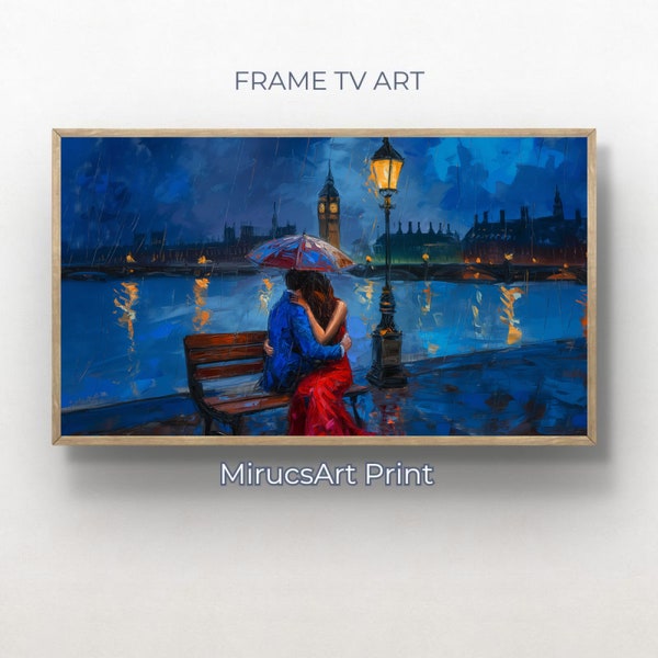 Romantic Night in London: A Couple's Moment Captured in Oil Painting Style | Digital Frame TV Art